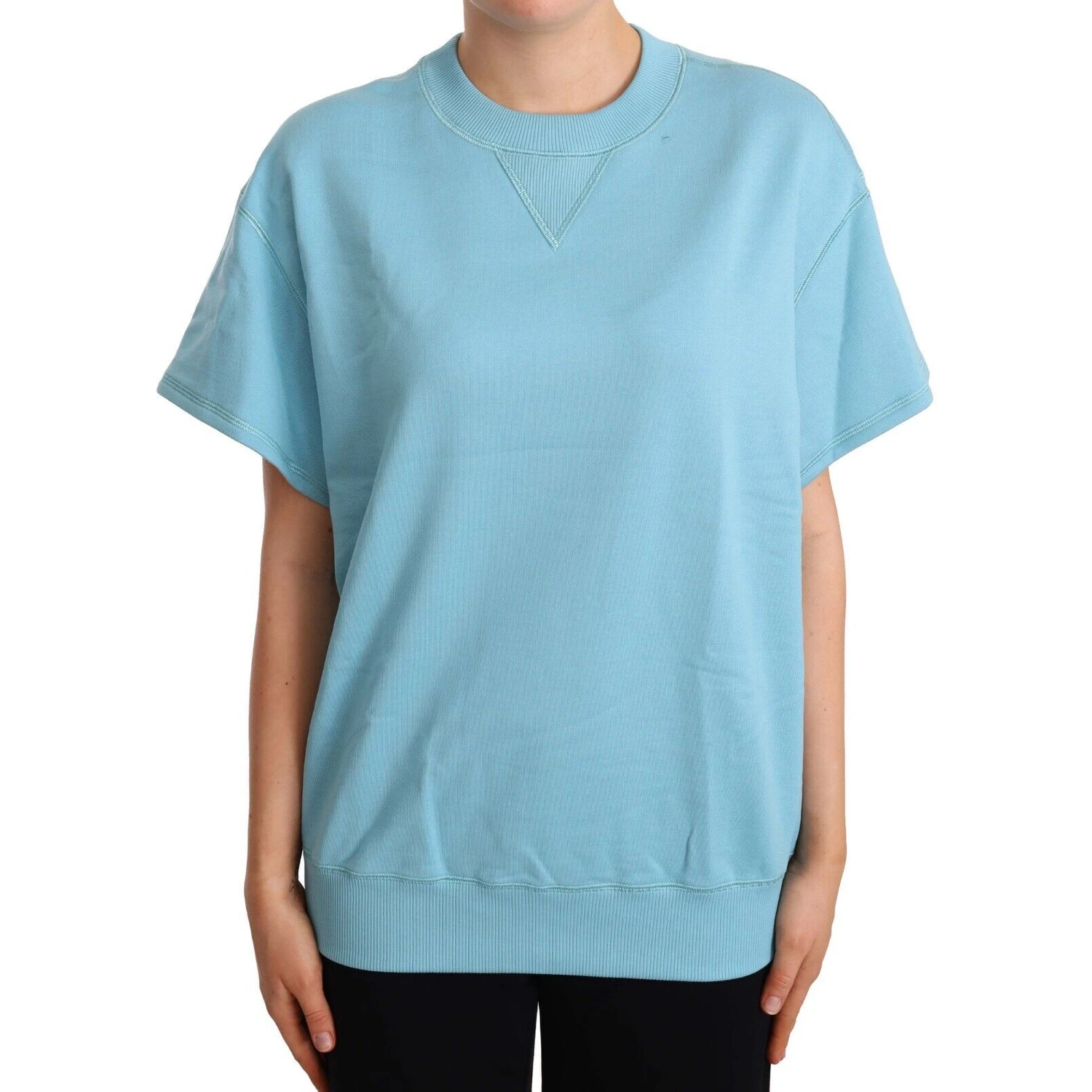 Blue Cotton Short Sleeves Crew Neck Top