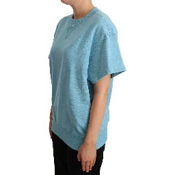 Blue Cotton Short Sleeves Crew Neck Top