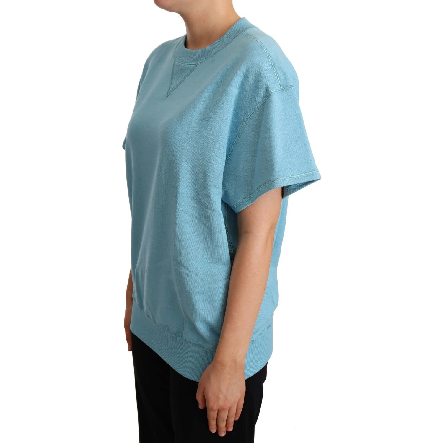 Blue Cotton Short Sleeves Crew Neck Top