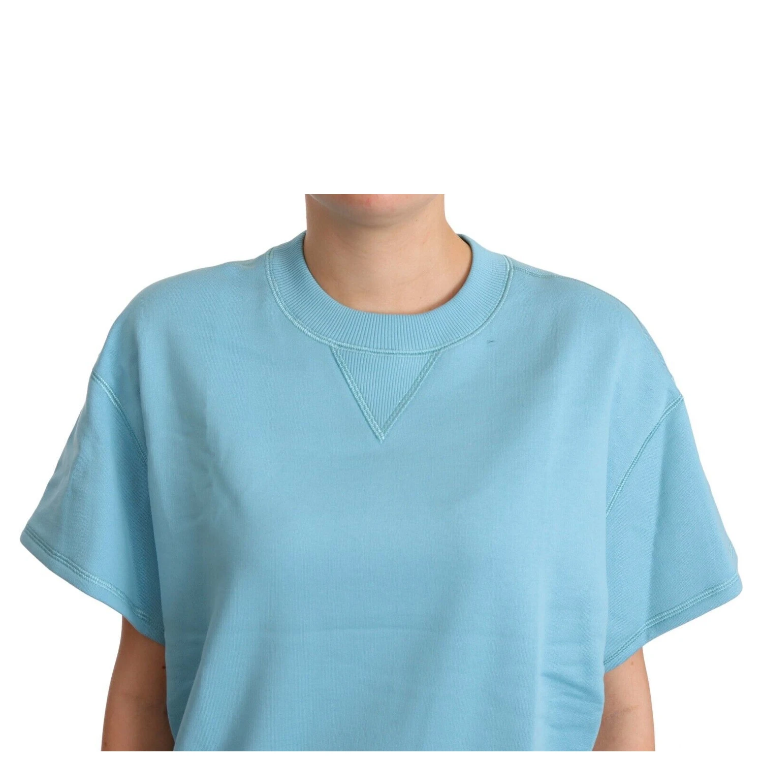 Blue Cotton Short Sleeves Crew Neck Top