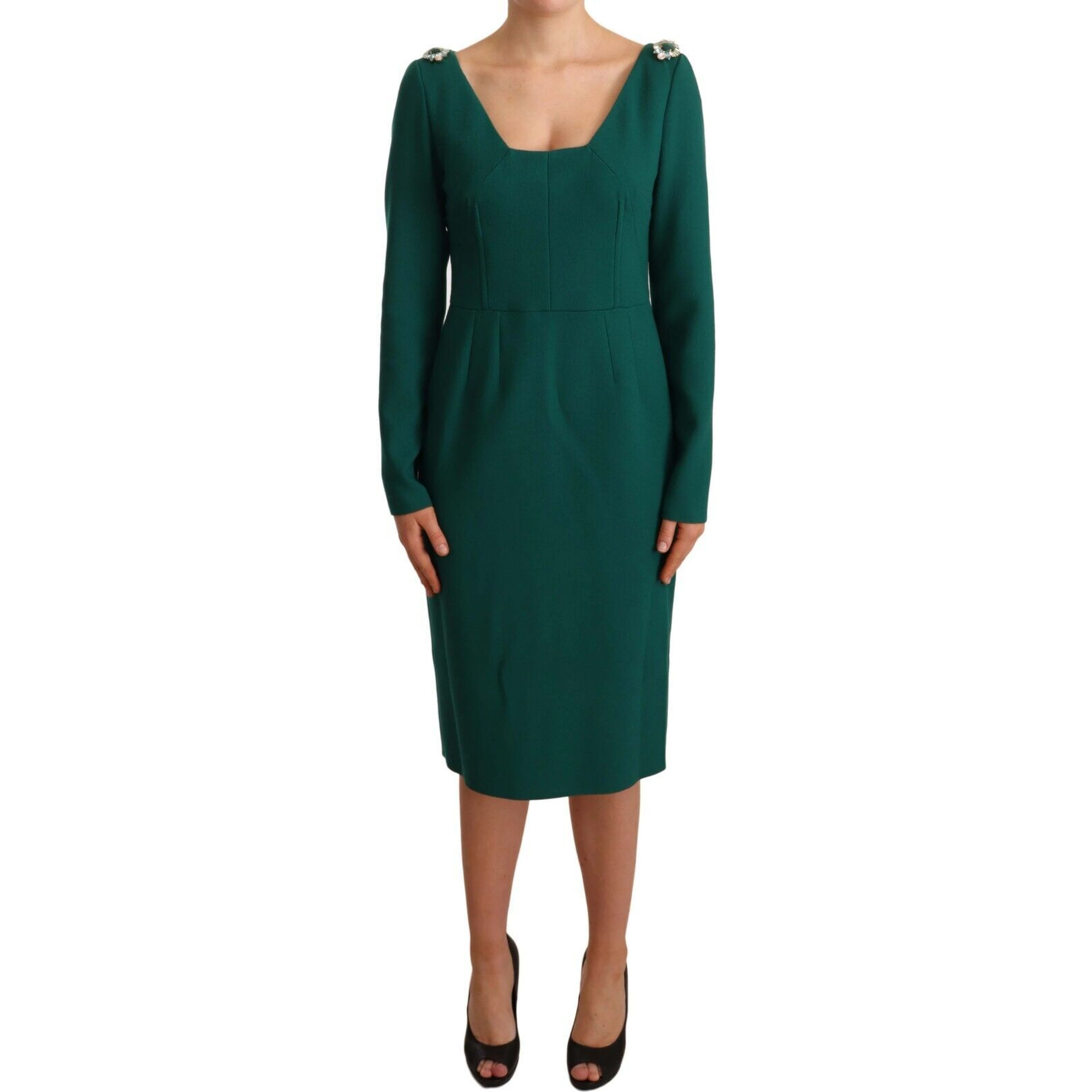 Green Stretch Crepe Crystal Midi Dress