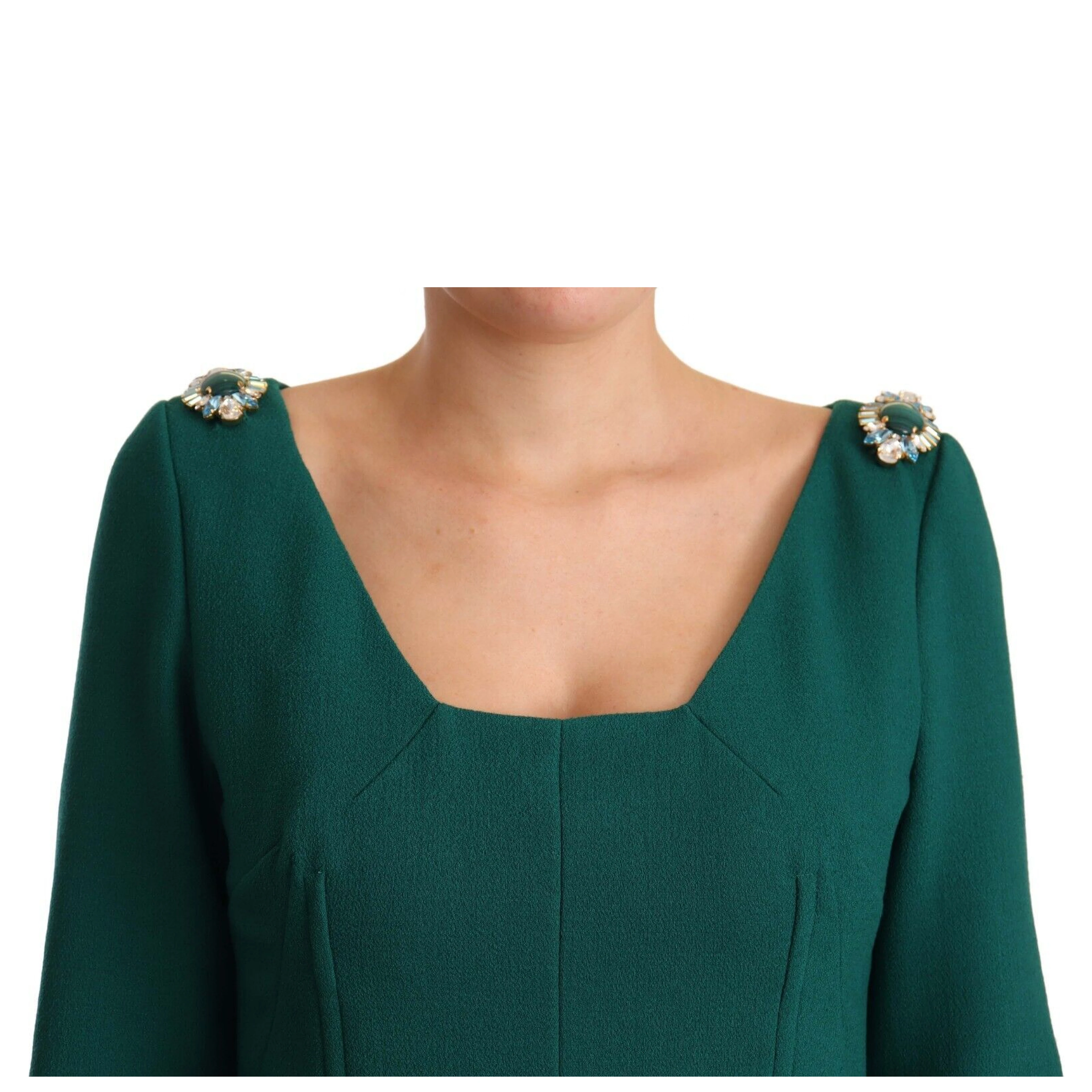 Green Stretch Crepe Crystal Midi Dress