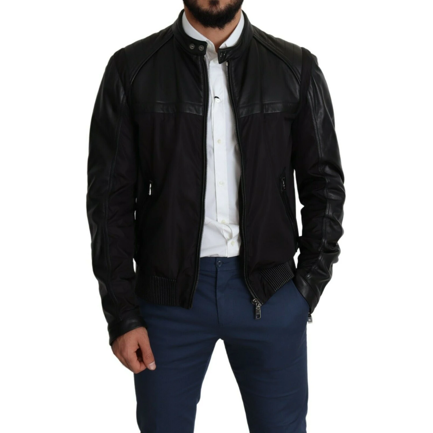 Black Nylon Full Zip Men Bomber Coat Jacket