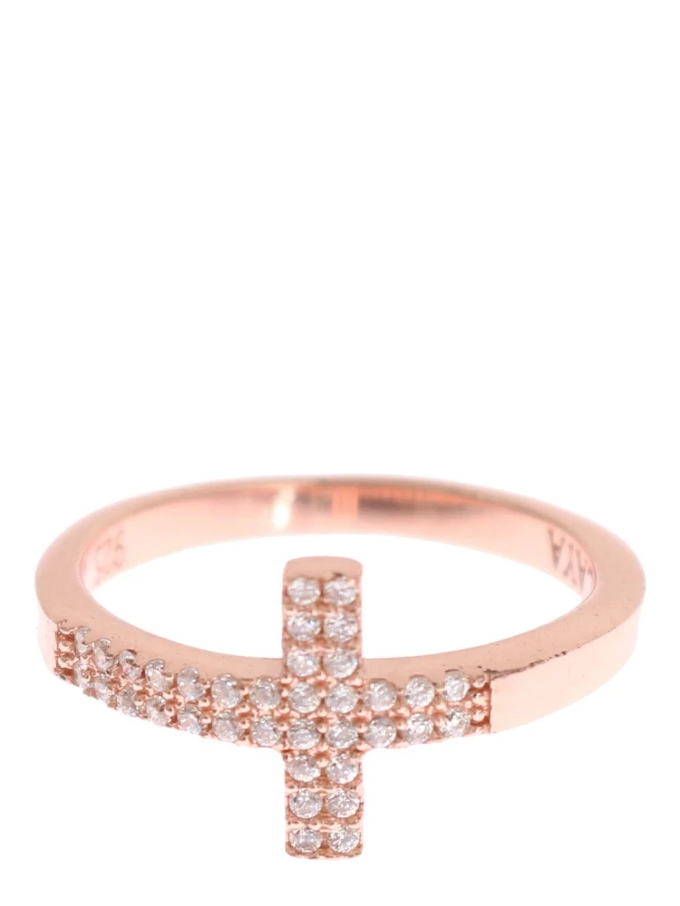 Pink Gold 925 Silver Womens Cross CZ Ring