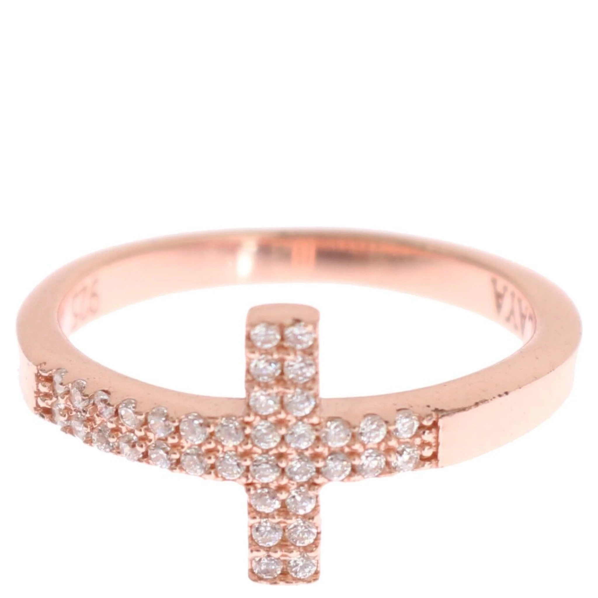 Pink Gold 925 Silver Womens Cross CZ Ring