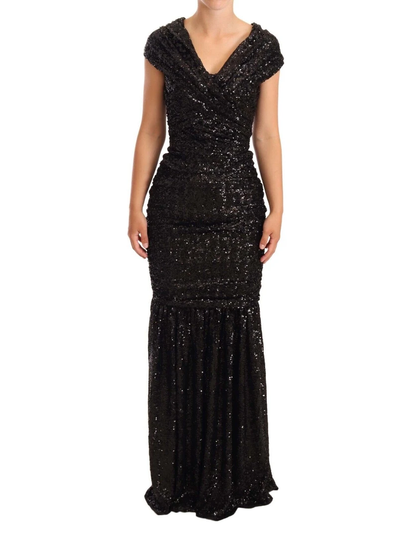 Black Sequined Open Shoulder Long Gown Dress