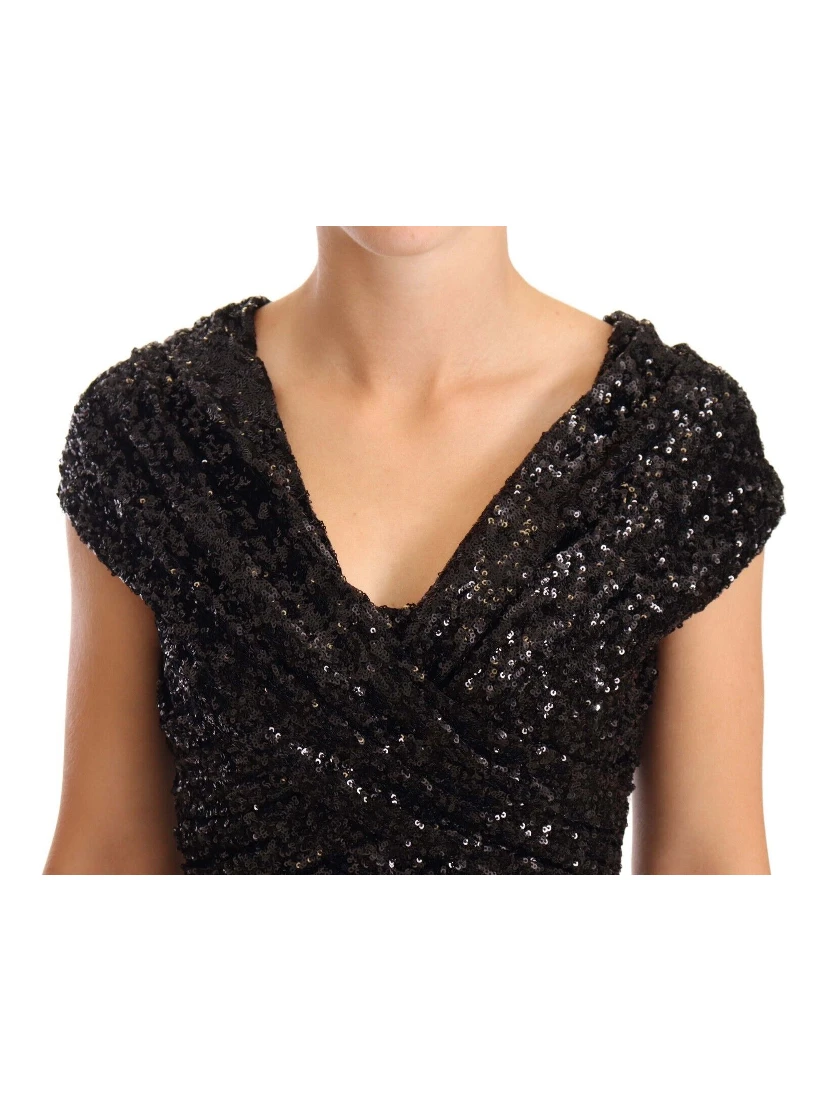 Black Sequined Open Shoulder Long Gown Dress