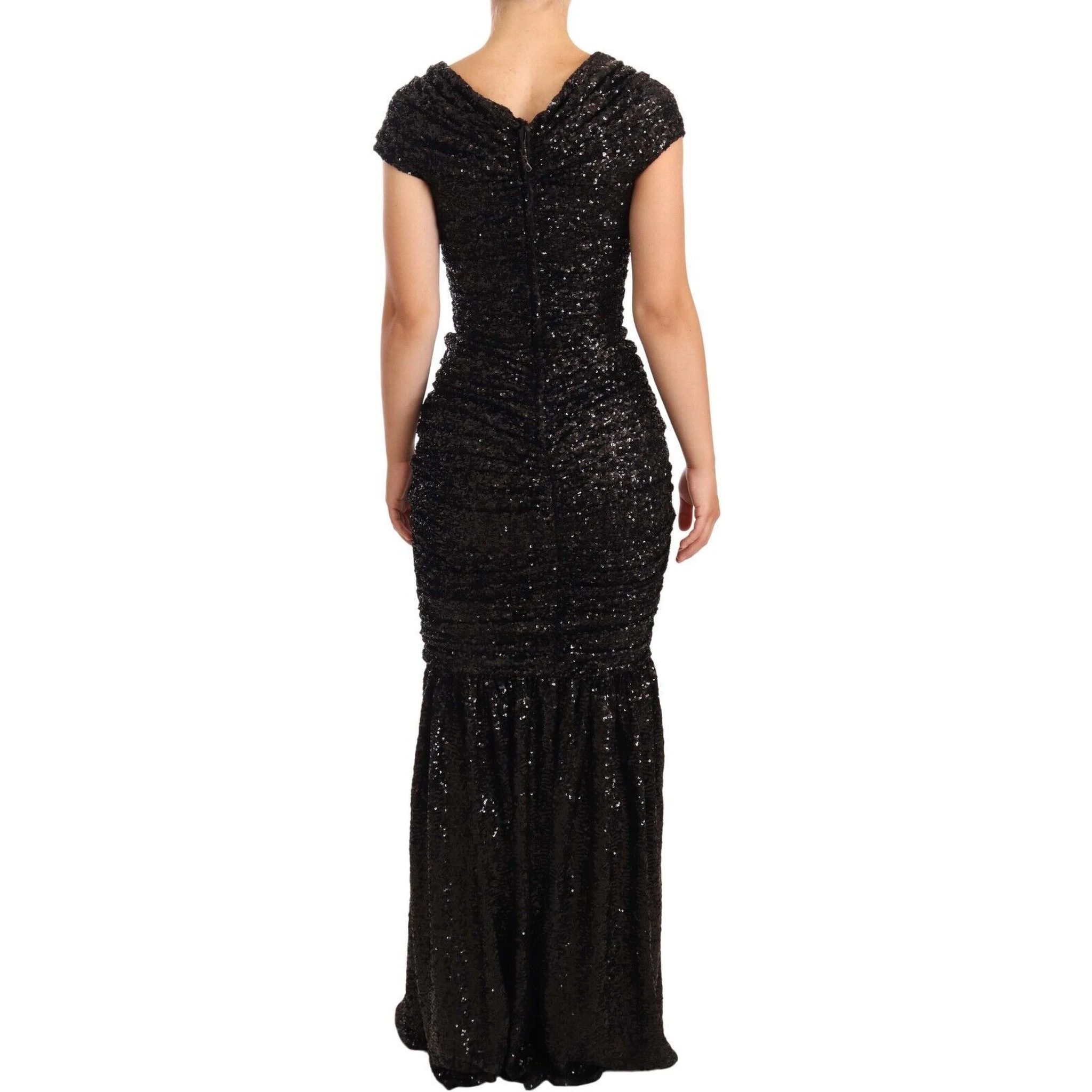 Black Sequined Open Shoulder Long Gown Dress