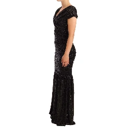 Black Sequined Open Shoulder Long Gown Dress