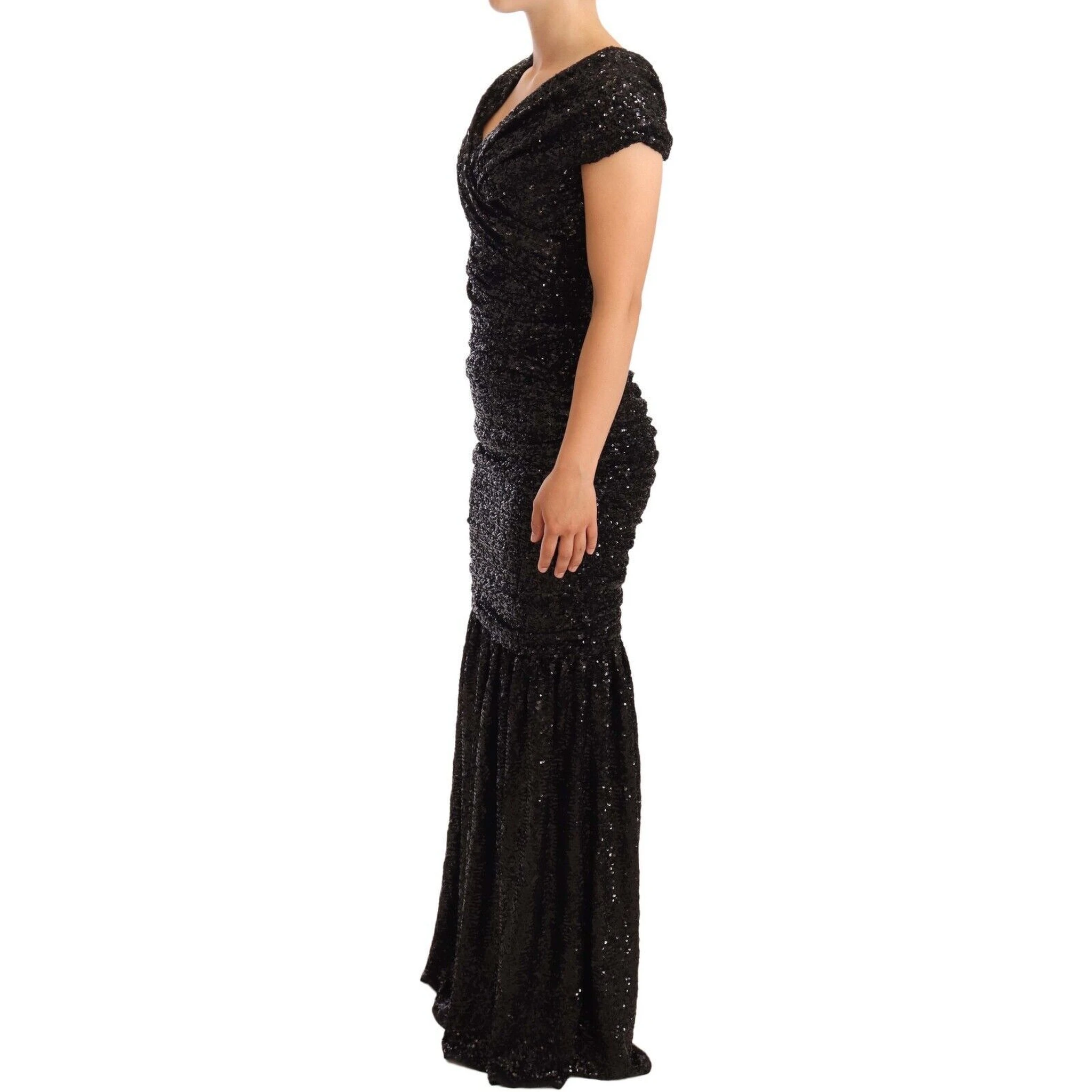 Black Sequined Open Shoulder Long Gown Dress