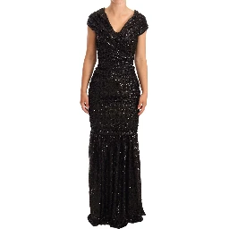 Black Sequined Open Shoulder Long Gown Dress
