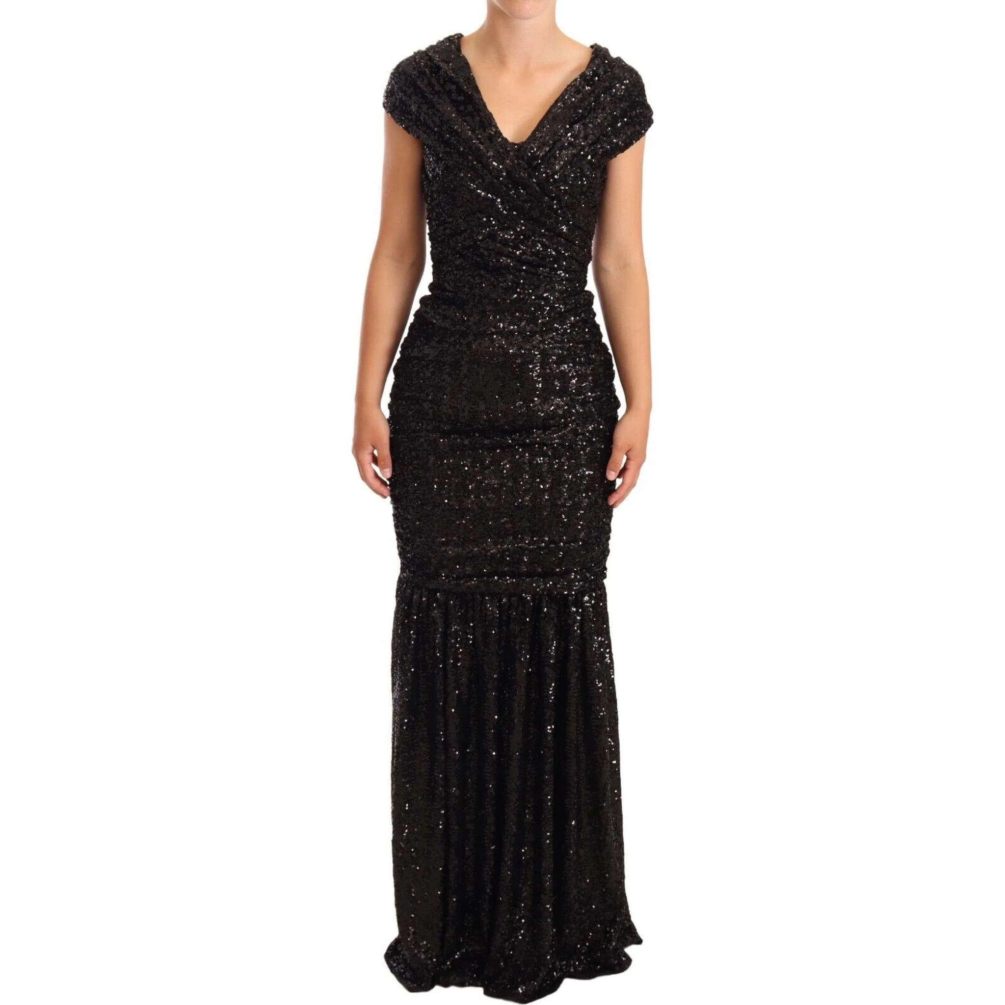 Black Sequined Open Shoulder Long Gown Dress