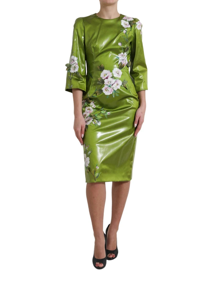 Green Floral Embellished Sheath Midi Dress