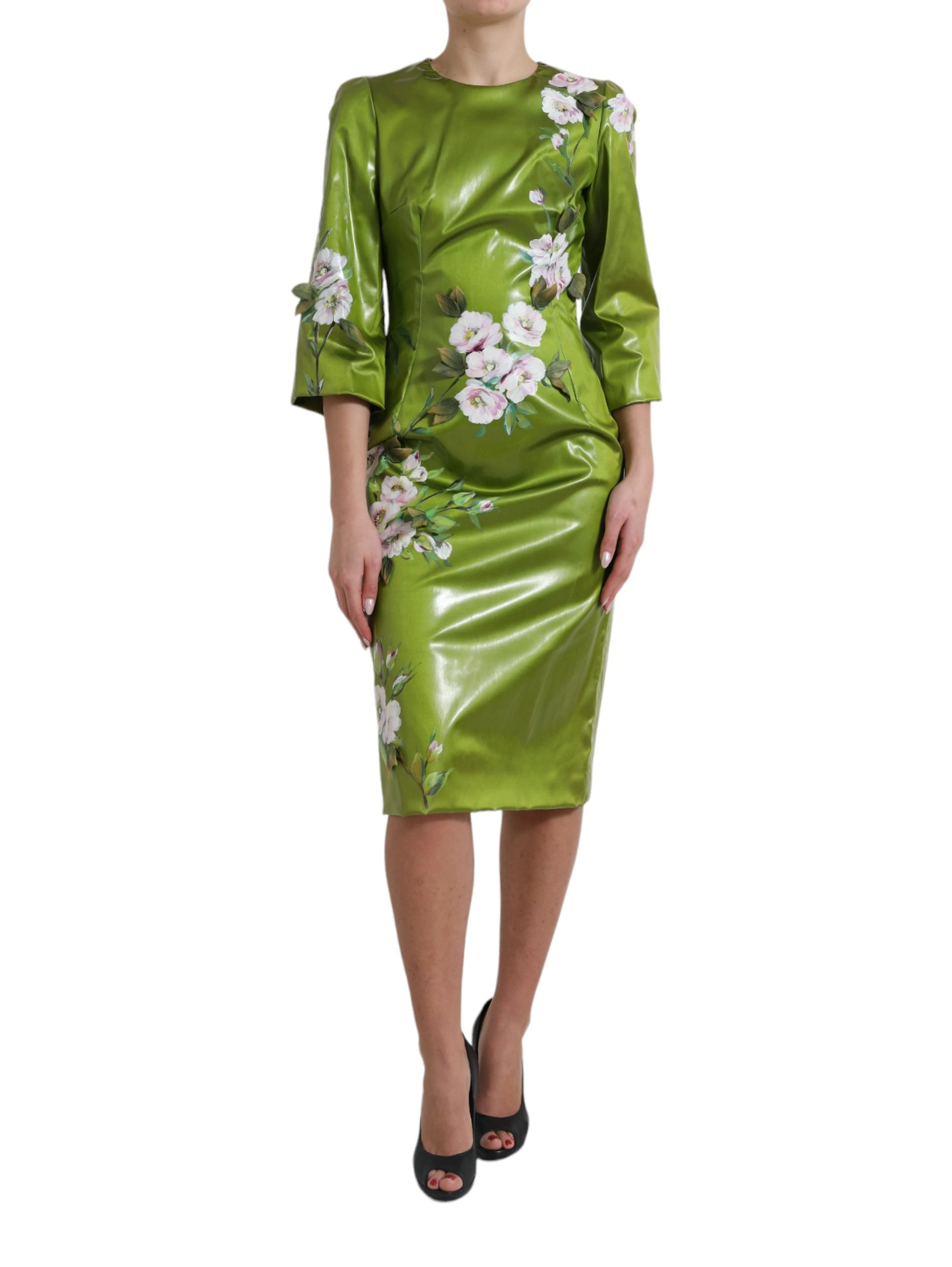 Green Floral Embellished Sheath Midi Dress