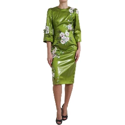 Green Floral Embellished Sheath Midi Dress