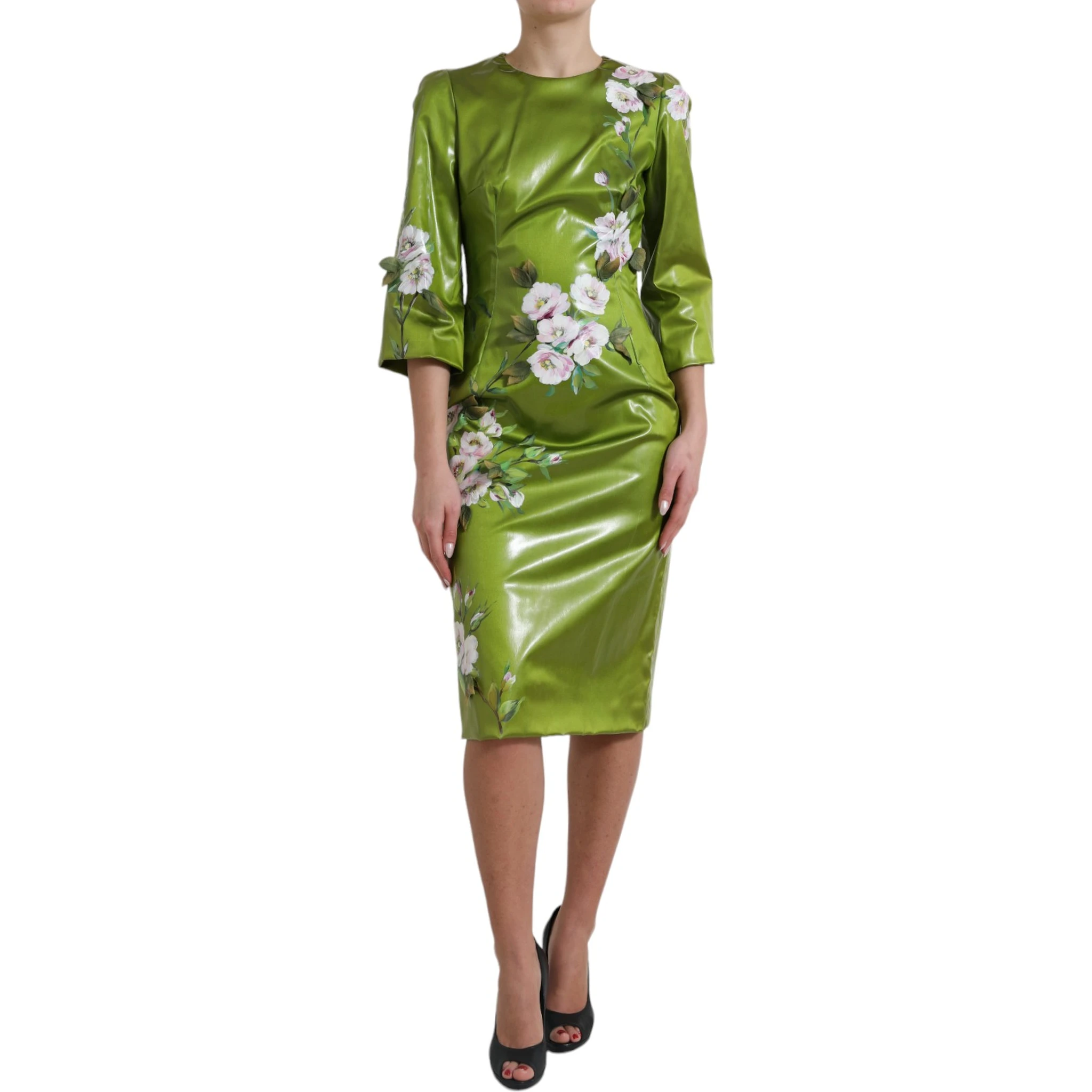 Green Floral Embellished Sheath Midi Dress