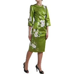 Green Floral Embellished Sheath Midi Dress