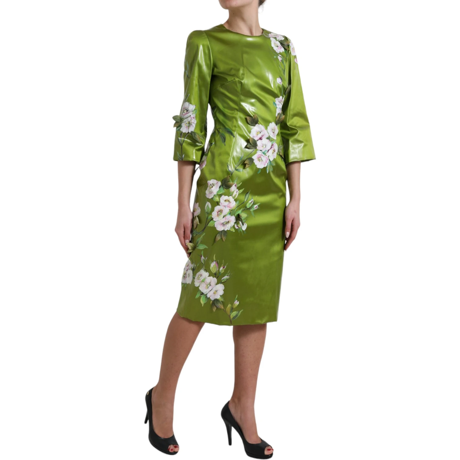 Green Floral Embellished Sheath Midi Dress