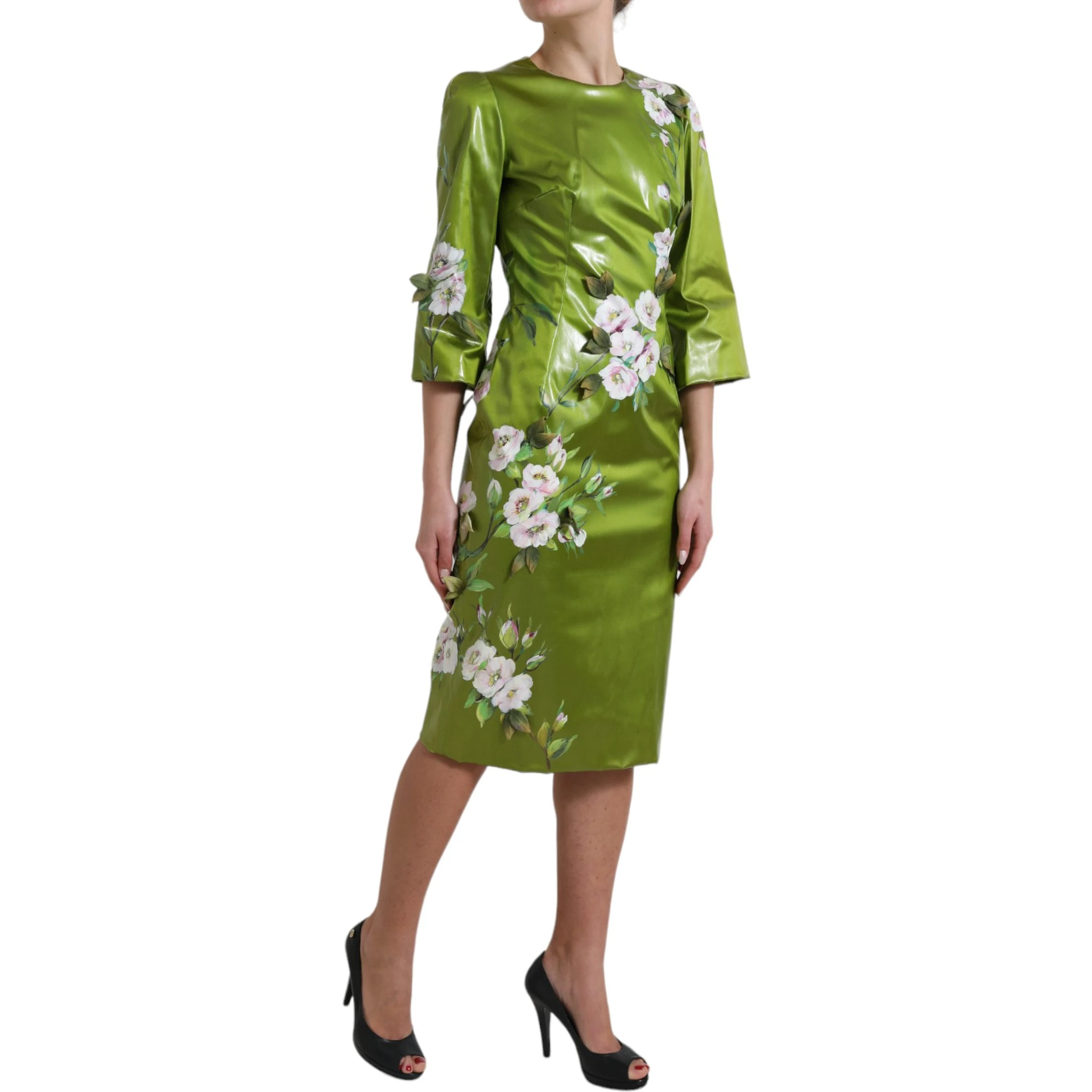 Green Floral Embellished Sheath Midi Dress