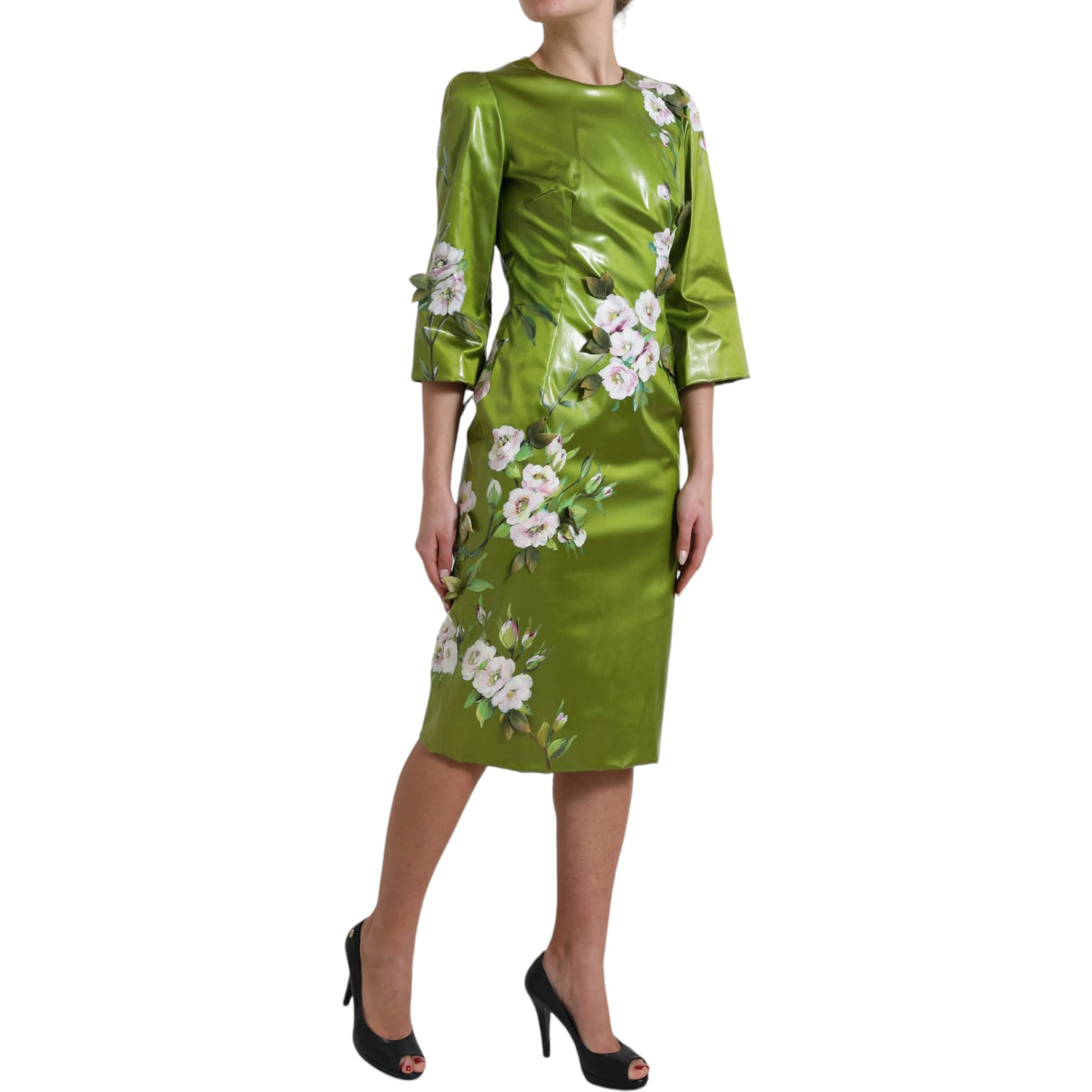 Green Floral Embellished Sheath Midi Dress