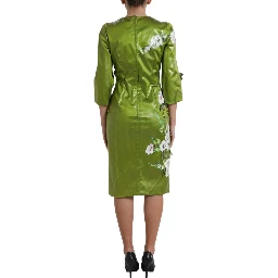 Green Floral Embellished Sheath Midi Dress