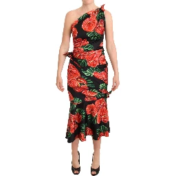 Black Shiny Silk Floral Print Draped Dress