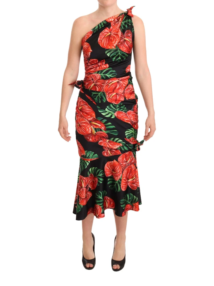 Black Shiny Silk Floral Print Draped Dress