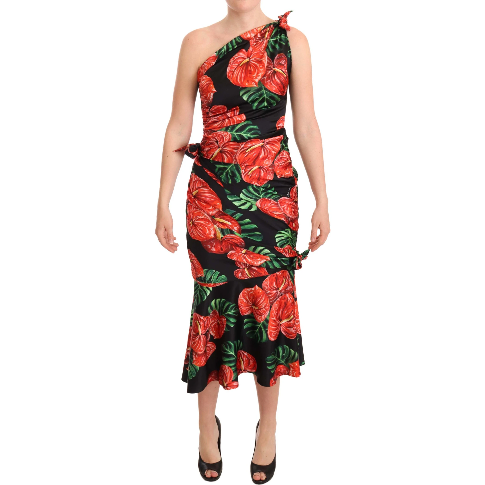 Black Shiny Silk Floral Print Draped Dress