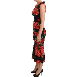 Black Shiny Silk Floral Print Draped Dress