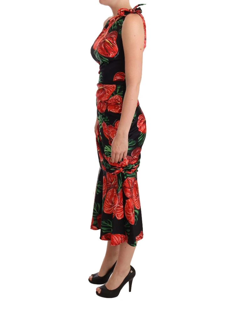 Black Shiny Silk Floral Print Draped Dress alternative