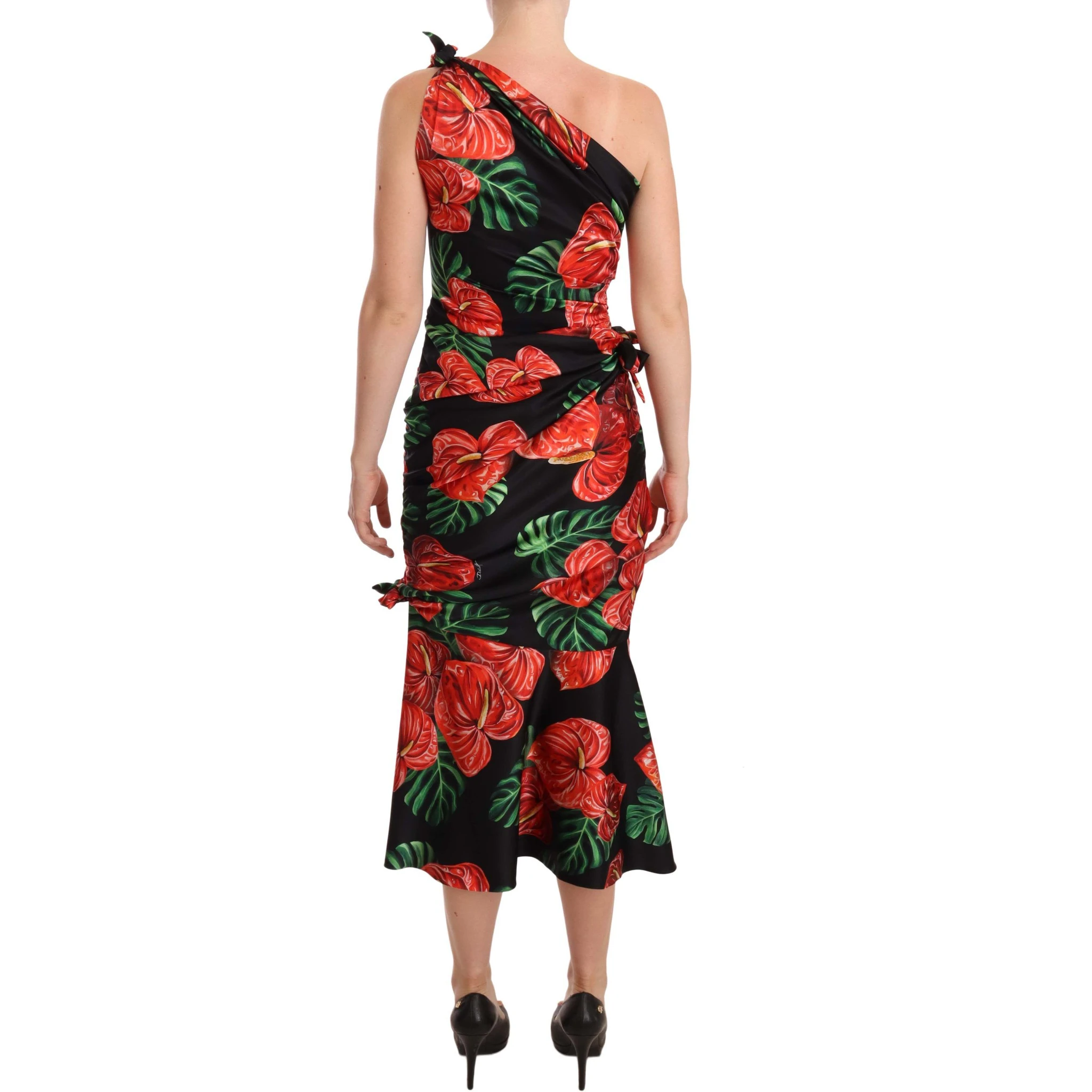 Black Shiny Silk Floral Print Draped Dress