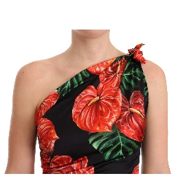 Black Shiny Silk Floral Print Draped Dress