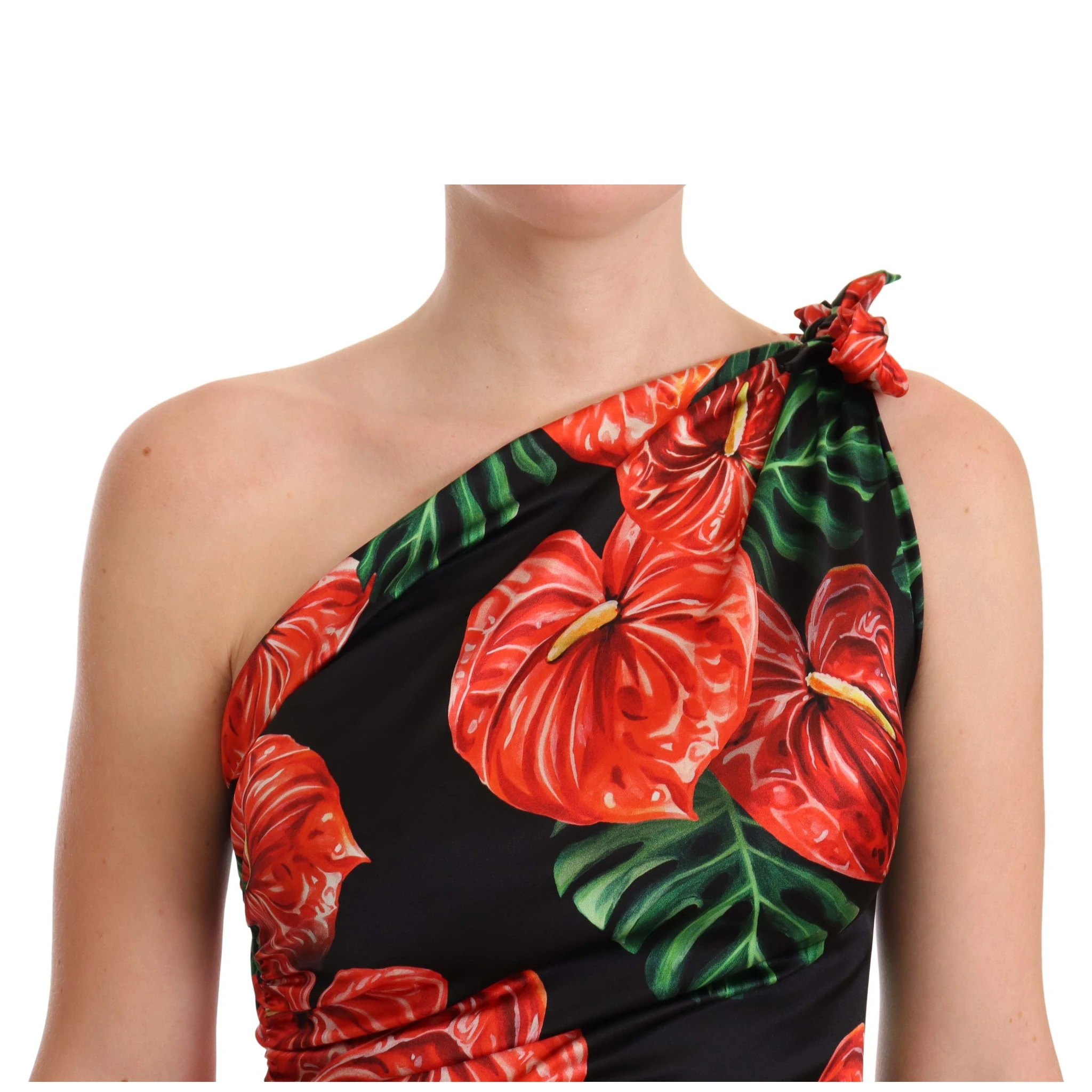 Black Shiny Silk Floral Print Draped Dress