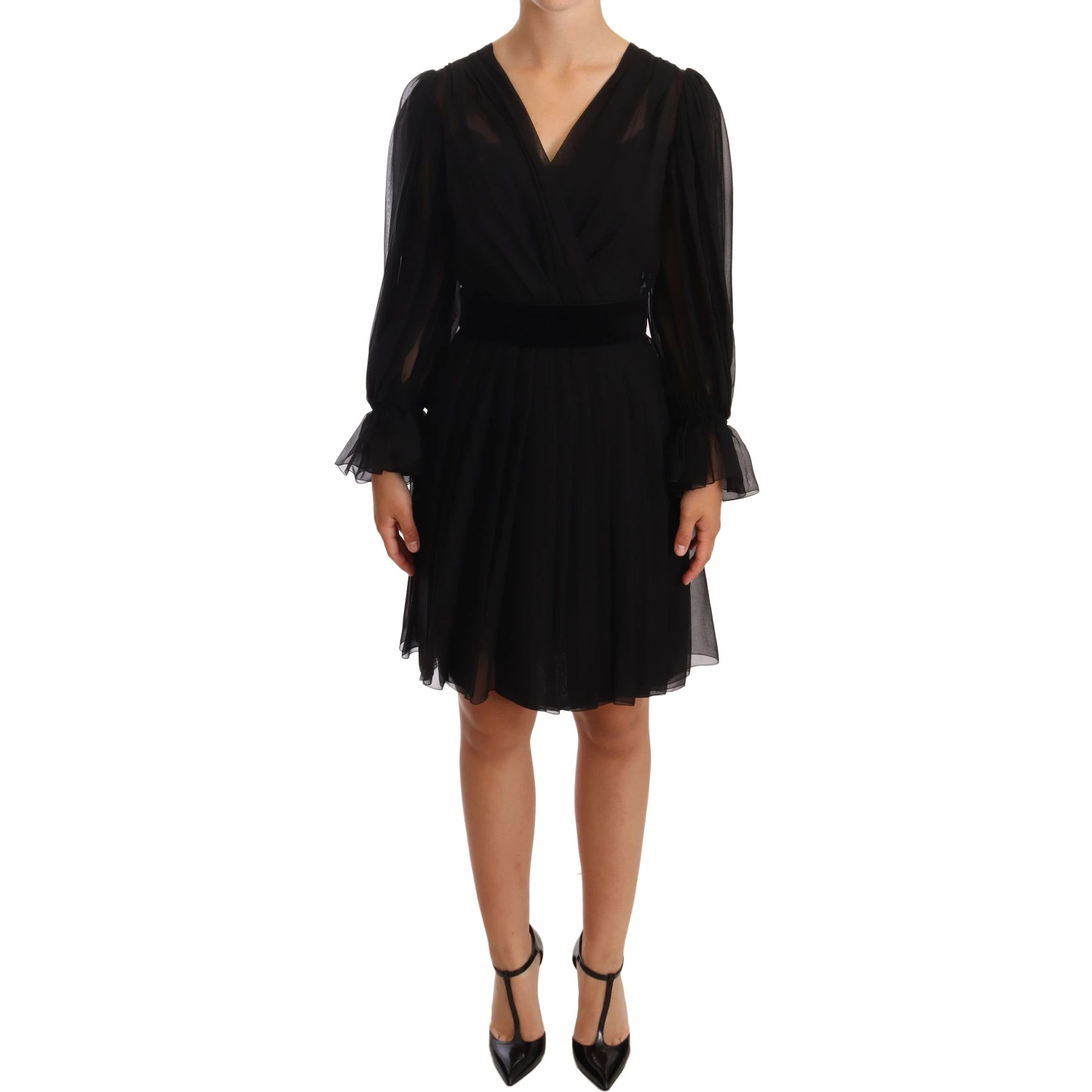 Black Mesh Pleated Mini Silk Stretch Dress