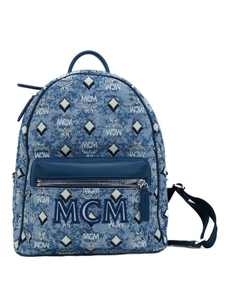 Stark Small Blue Vintage Jacquard Monogram Logo Fabric Backpack Bookbag