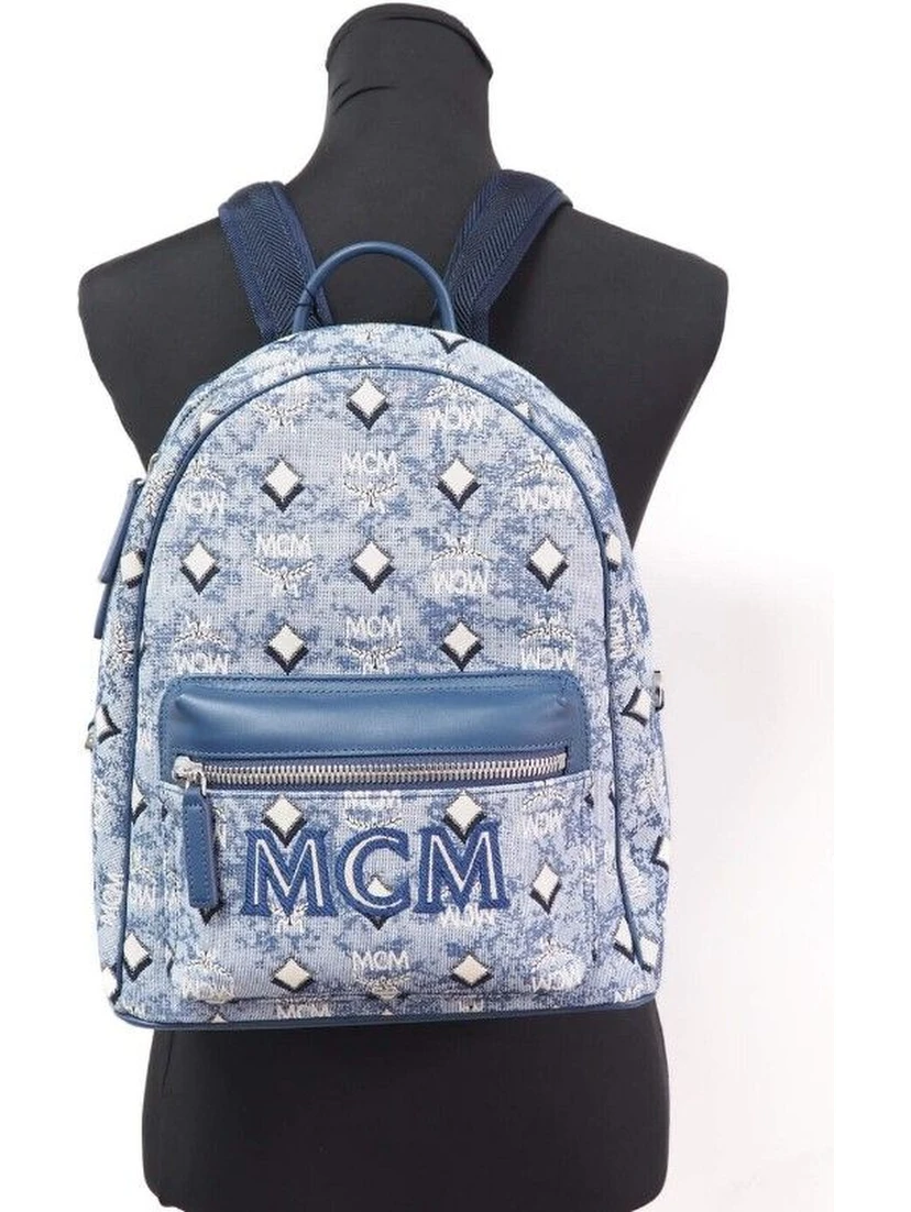 Stark Small Blue Vintage Jacquard Monogram Logo Fabric Backpack Bookbag