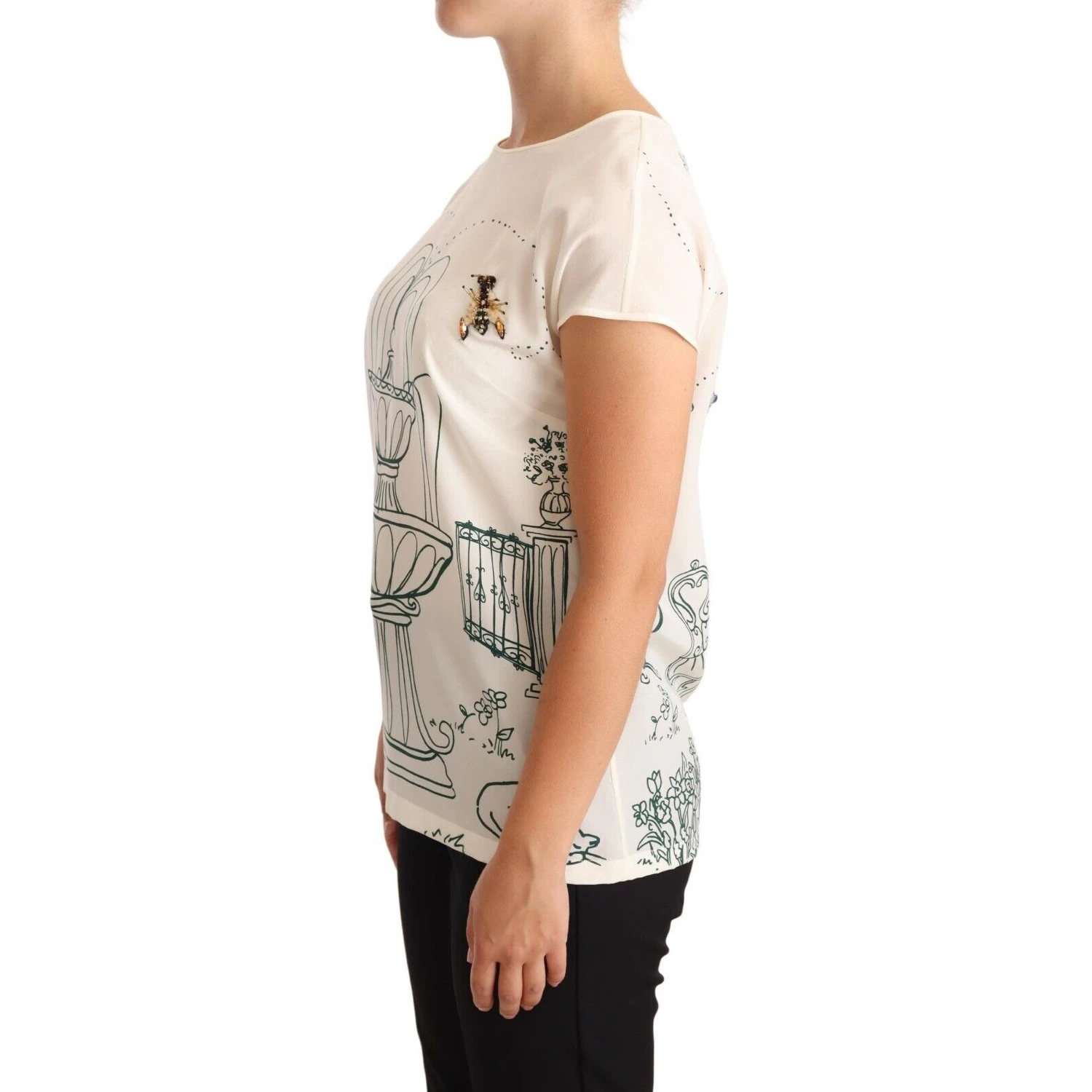 White Silk Garden Fountain T-Shirt Blouse