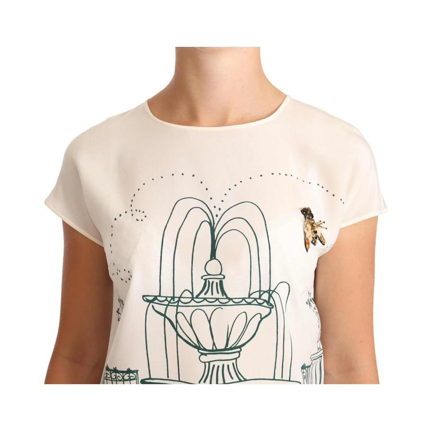 White Silk Garden Fountain T-Shirt Blouse