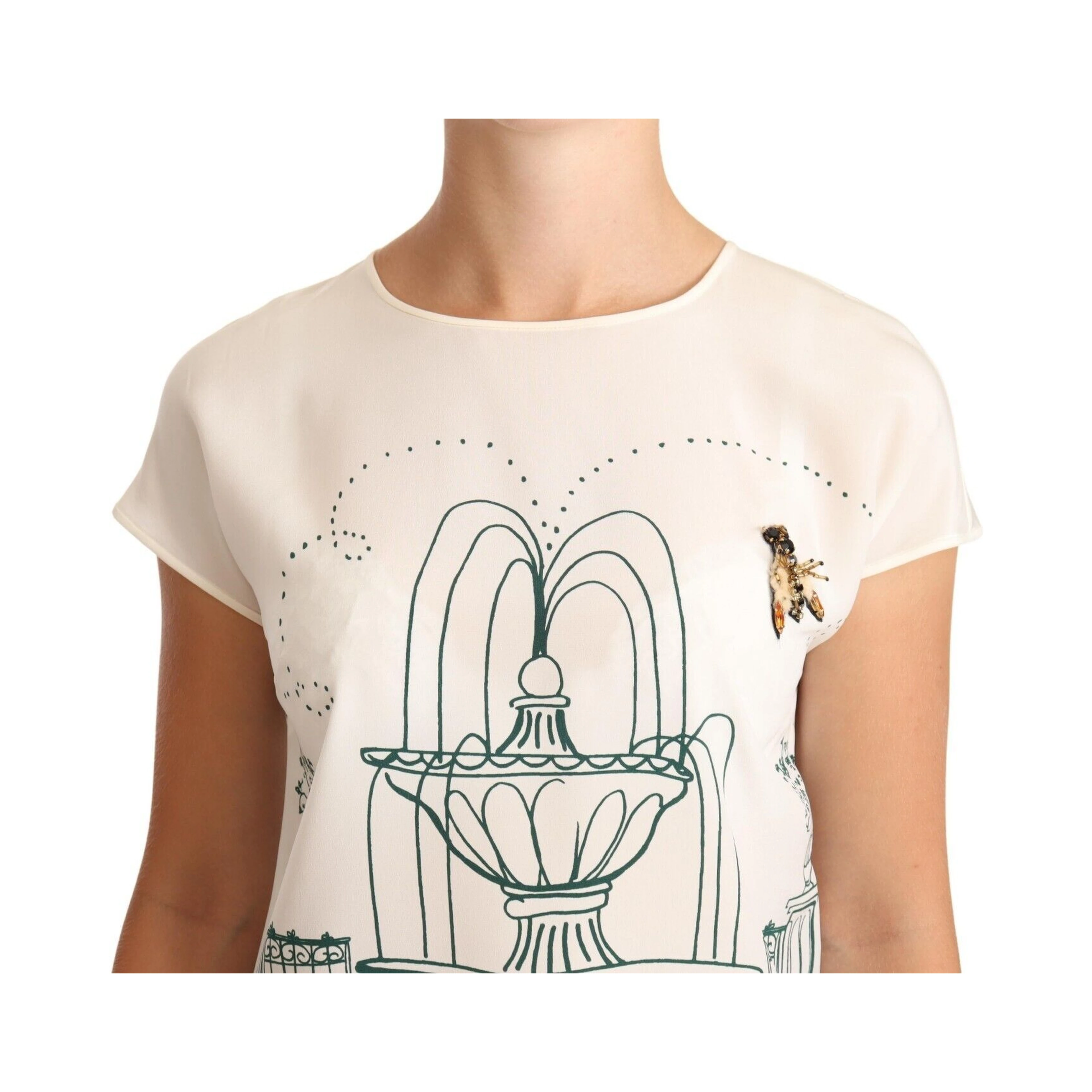 White Silk Garden Fountain T-Shirt Blouse