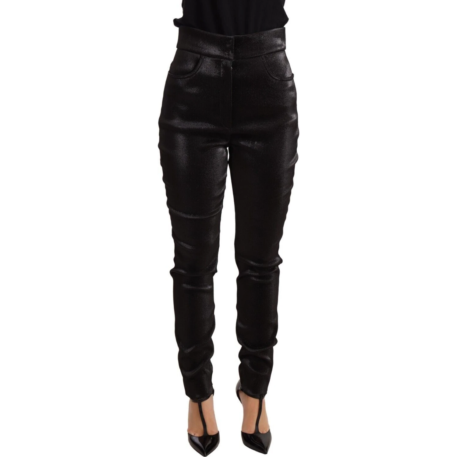 Black Silver Lurex Thread Cotton Stretch Pants