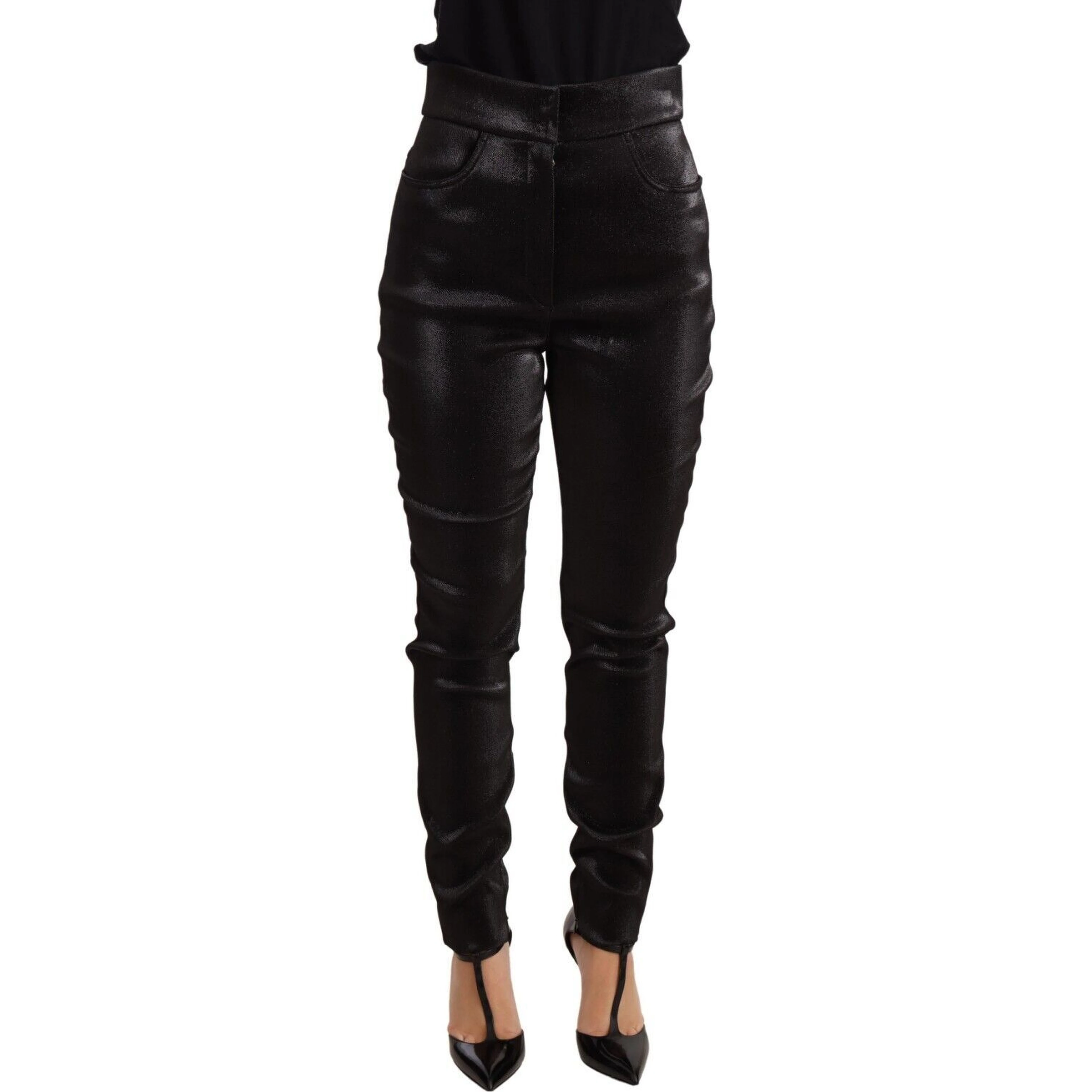 Black Silver Lurex Thread Cotton Stretch Pants