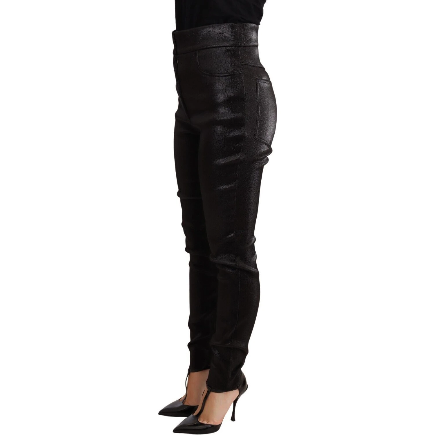Black Silver Lurex Thread Cotton Stretch Pants