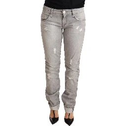 Gray Tattered Cotton Slim Fit Folded Hem Women Denim Jeans