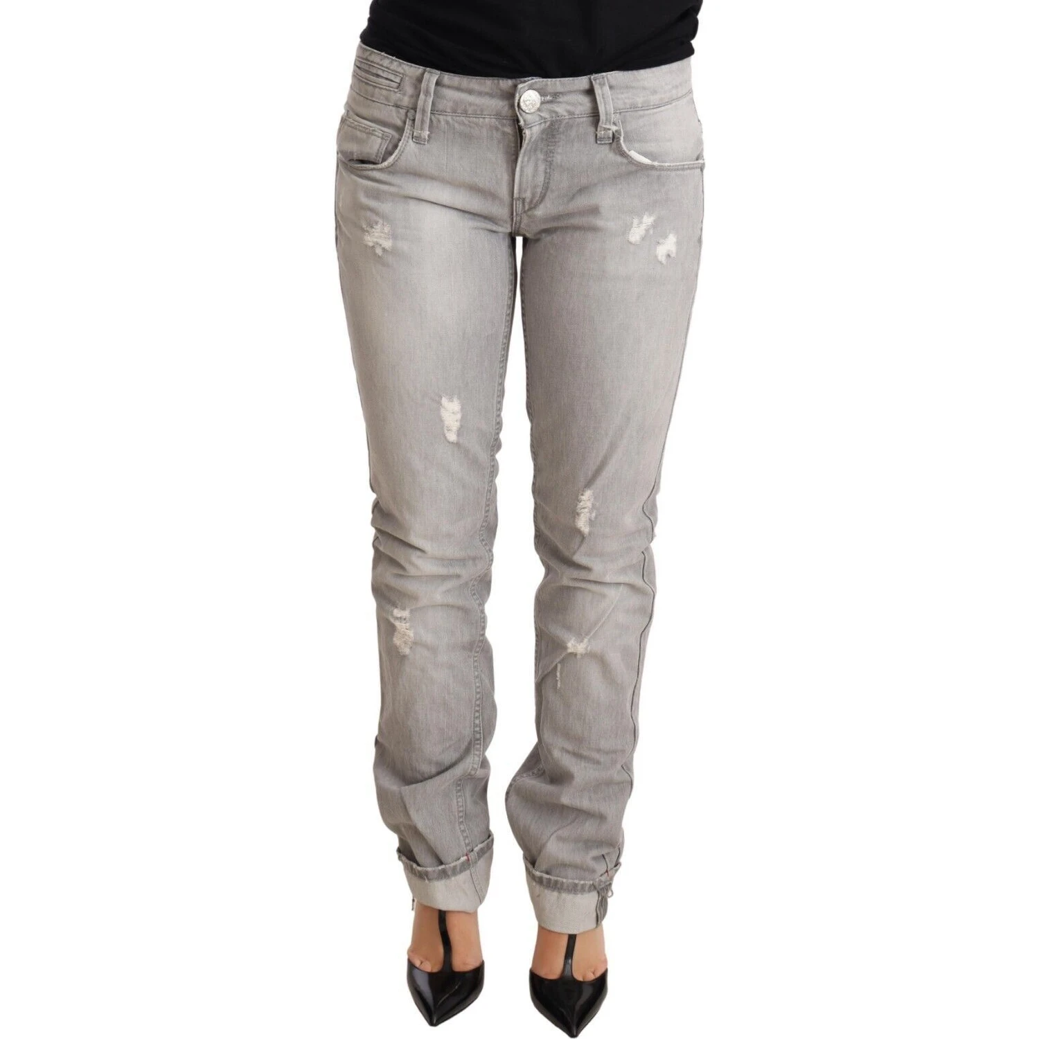 Gray Tattered Cotton Slim Fit Folded Hem Women Denim Jeans