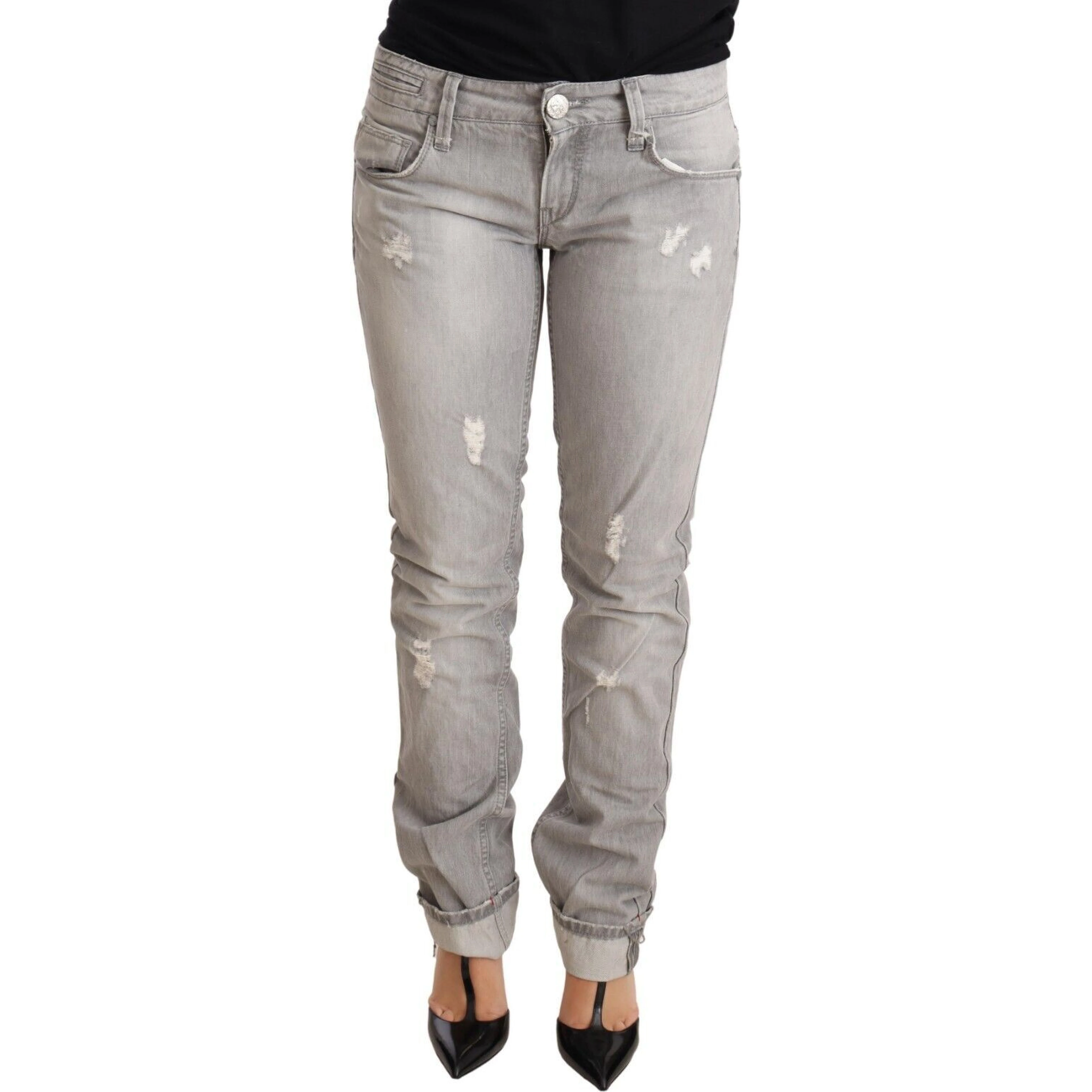 Gray Tattered Cotton Slim Fit Folded Hem Women Denim Jeans