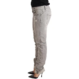 Gray Tattered Cotton Slim Fit Folded Hem Women Denim Jeans