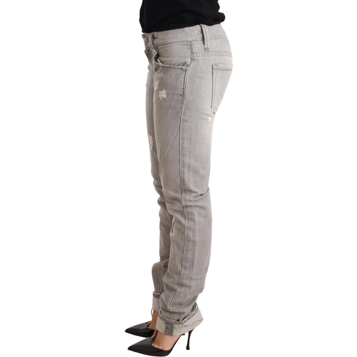 Gray Tattered Cotton Slim Fit Folded Hem Women Denim Jeans