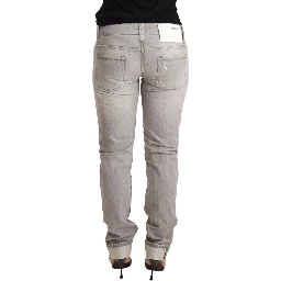 Gray Tattered Cotton Slim Fit Folded Hem Women Denim Jeans