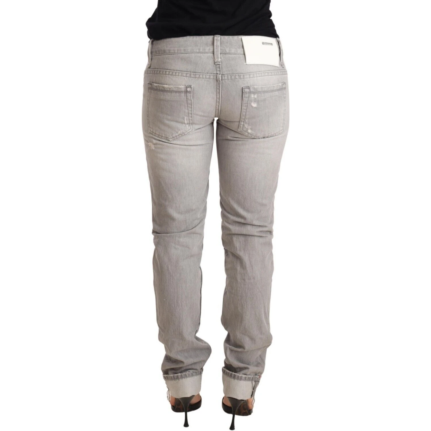 Gray Tattered Cotton Slim Fit Folded Hem Women Denim Jeans