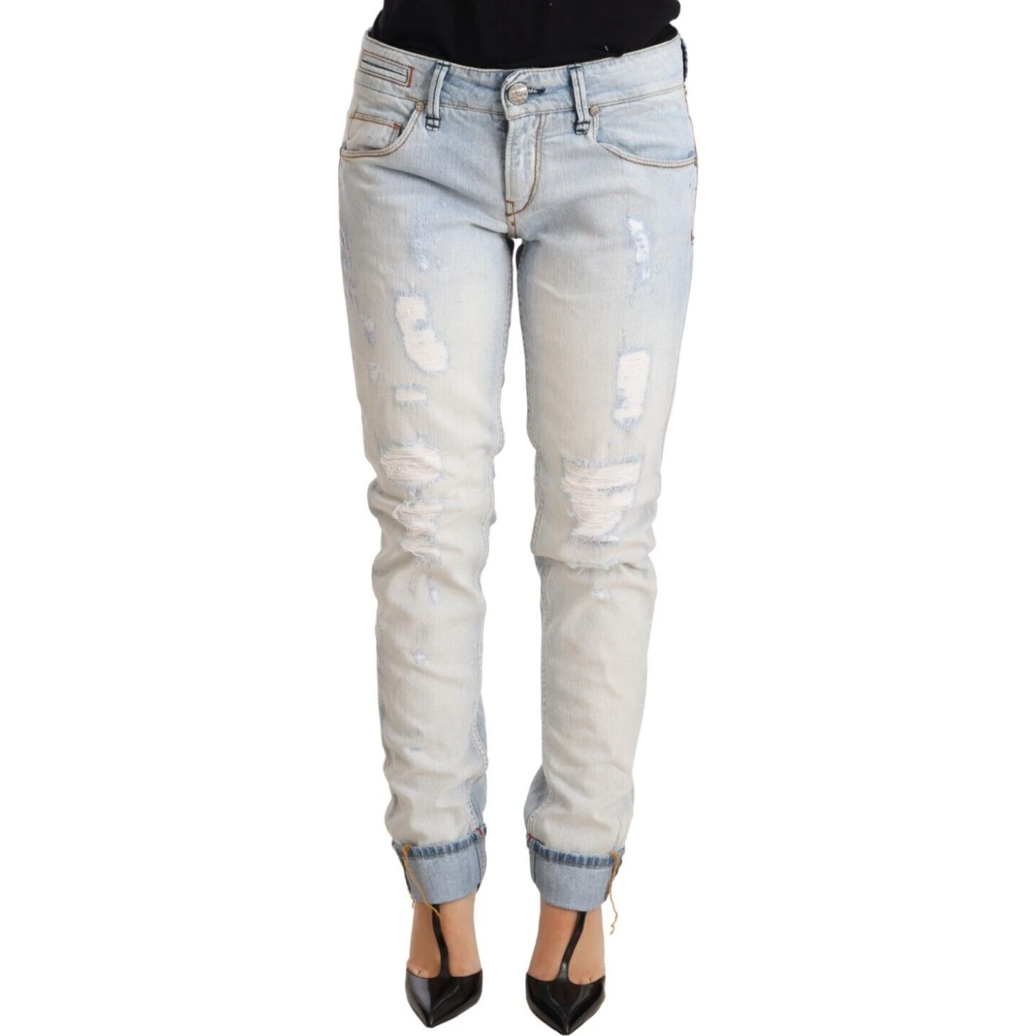 Light Blue Distressed Cotton Folded Hem Denim Trouser Jeans